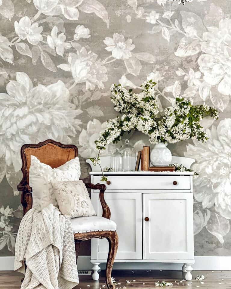 Gray and White Floral Wall Mural Ideas
