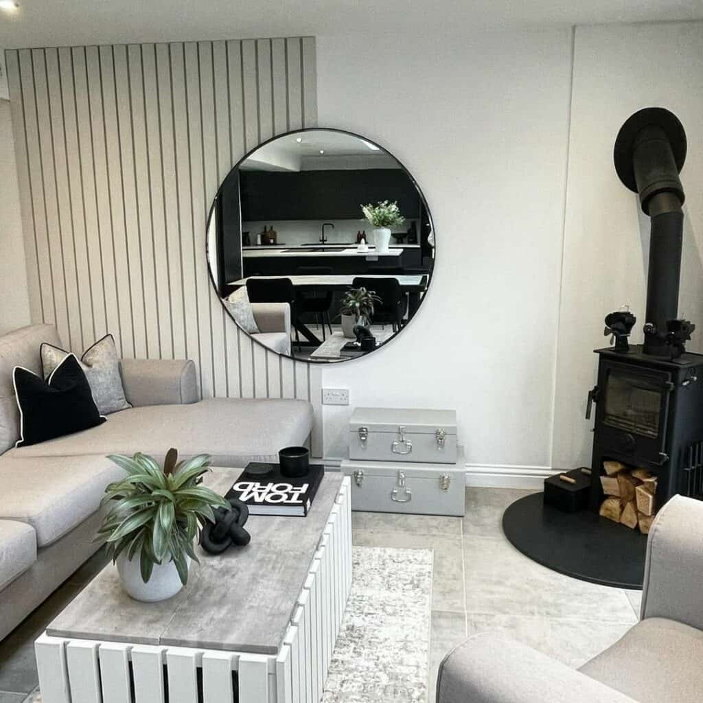 Gray and White Living Room With Modern Accent Wall