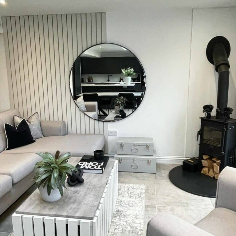 Gray and White Living Room With Modern Accent Wall