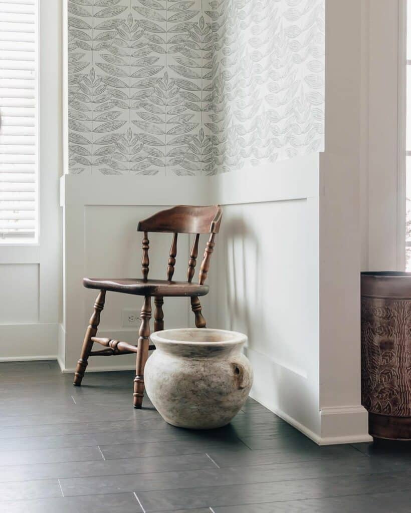 Gray and White Wallpaper Over Wainscoting