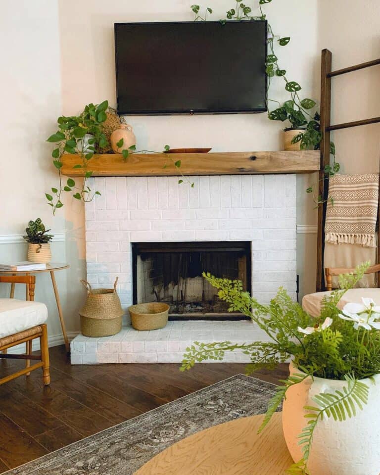 Green Living Room With White Fireplace
