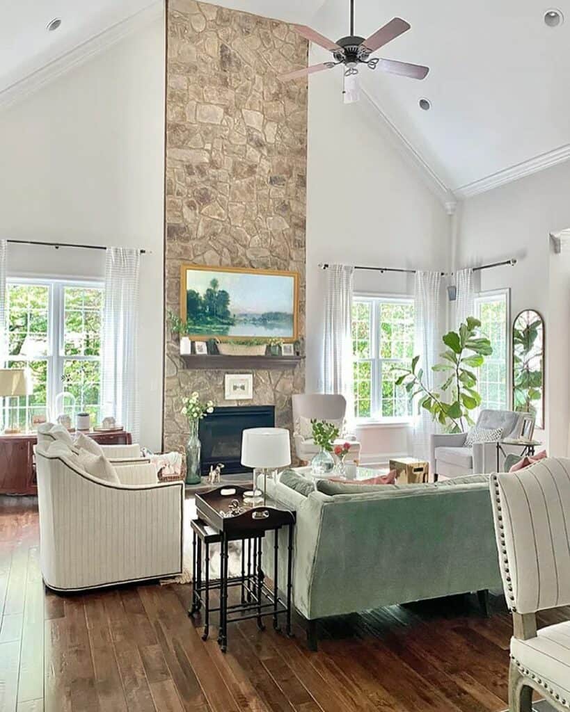 Green Velvet Sofa in Vaulted Living Room