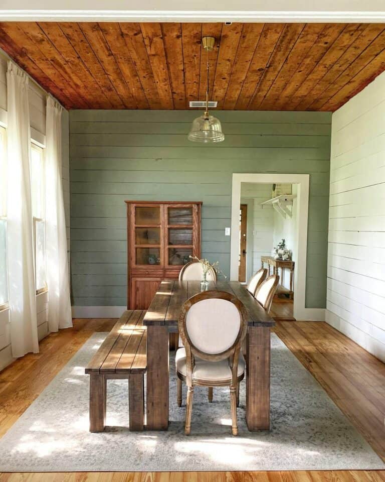 Green and White Shiplap Dining Room Walls