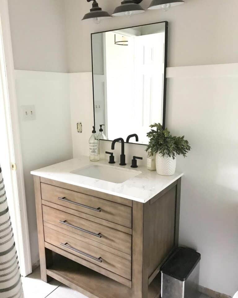 Guest Farmhouse Bathroom With Natural Wood Vanity
