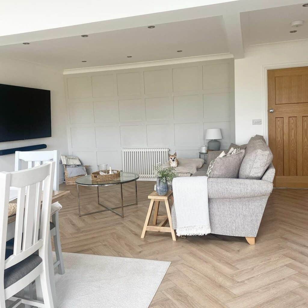 Herringbone Floors and Gray Walls