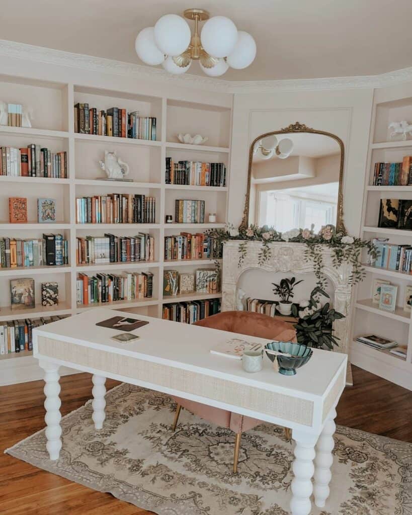 Home Library With Beige Built-in Bookcases