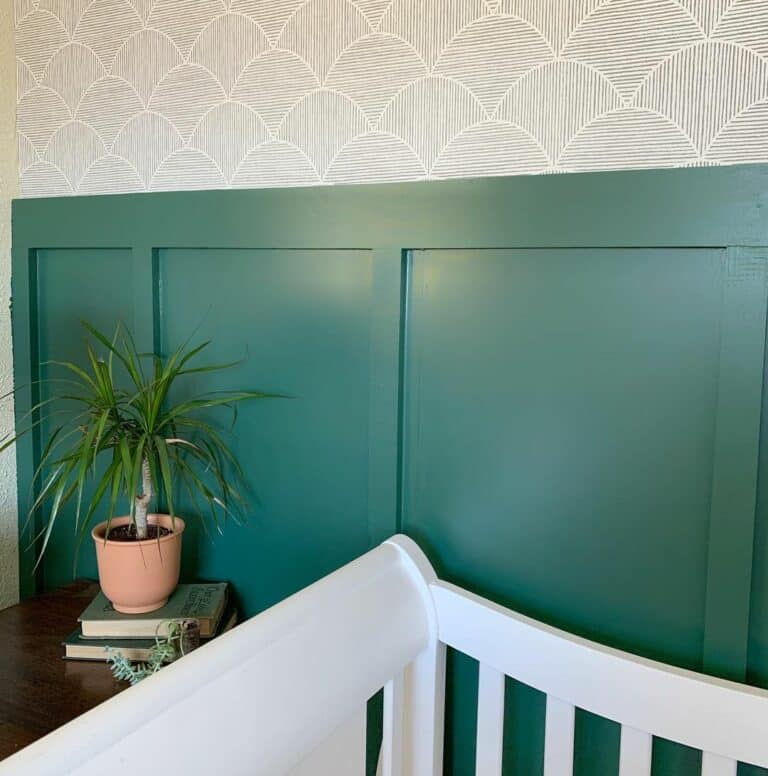 Jewel-toned Emerald Board and Batten With Patterned Wallpaper