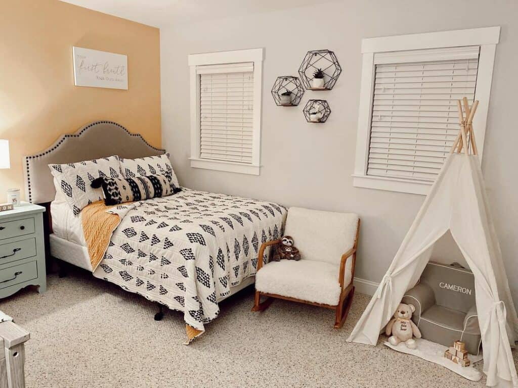 Kid's Bedroom With Mustard Yellow Accent Wall