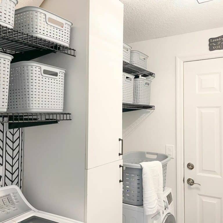 Laundry Room Storage With Gray Plastic Buckets