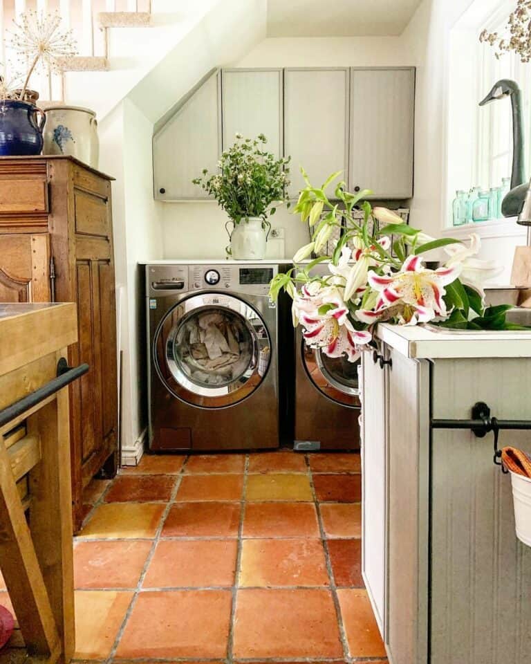 Laundry Room With Saltillo Tile Flooring