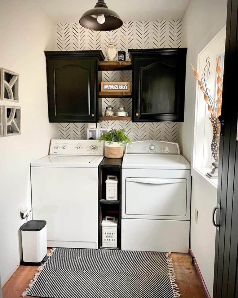 Laundry Room With White and Black Chevron Wallpaper