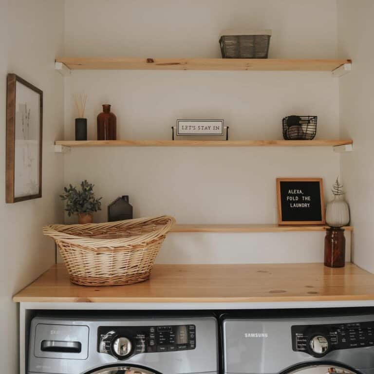 Laundry With Stacked Light Wood Shelves