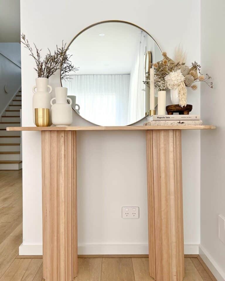 Light Wood Console Table With Fluted Pillars