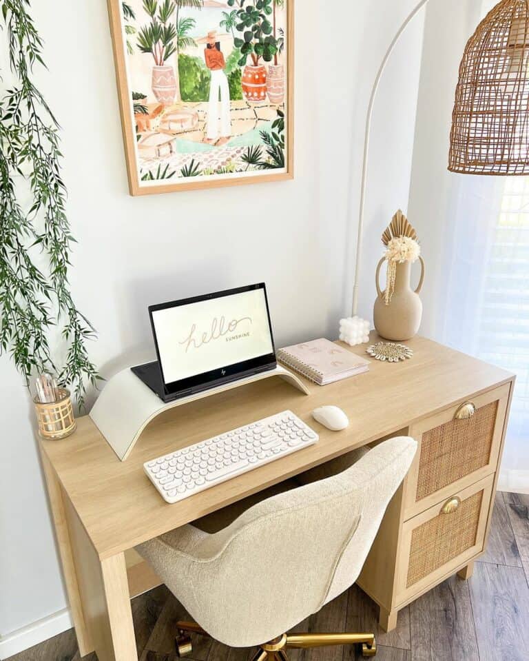 Light Wood Desk With Plant Décor
