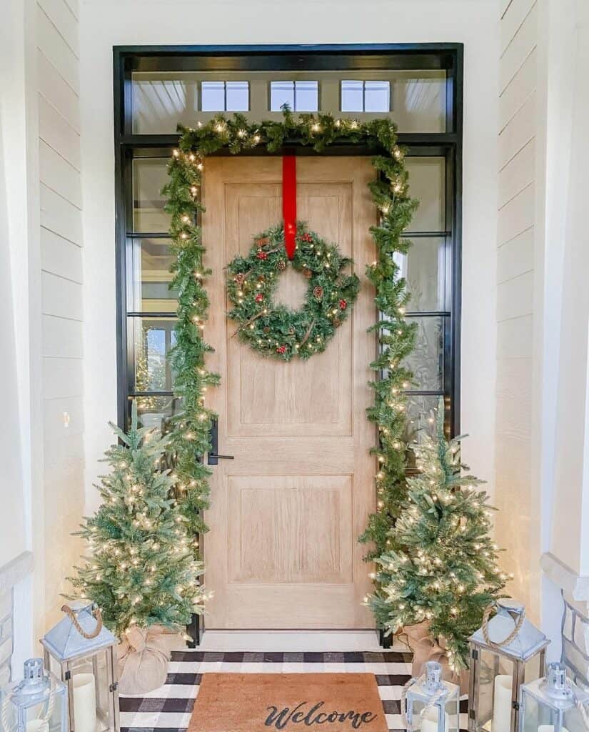 Light Wood Front Door With Twinkle Lights