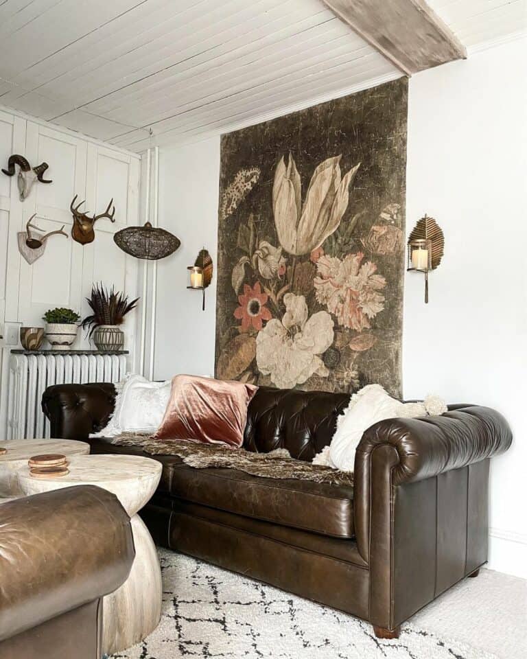 Living Room With Vintage Brown Floral Tapestry