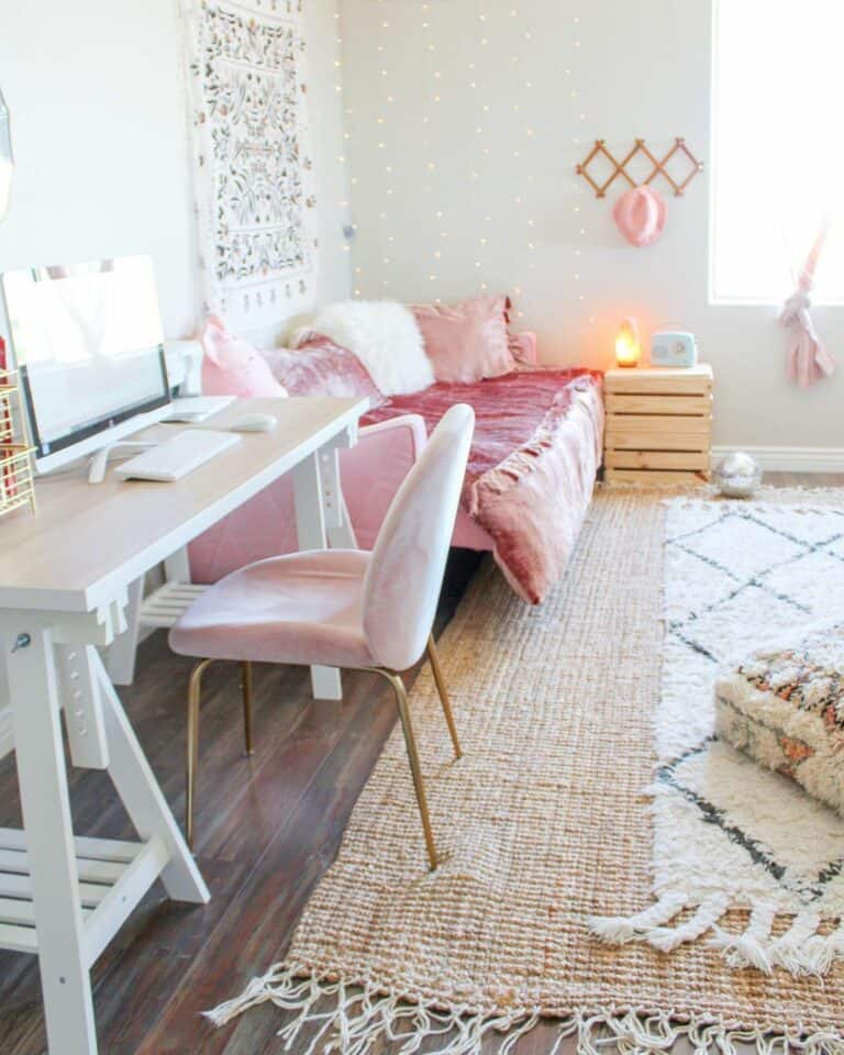 Loft Bedroom Study Area With Pink Desk Chair