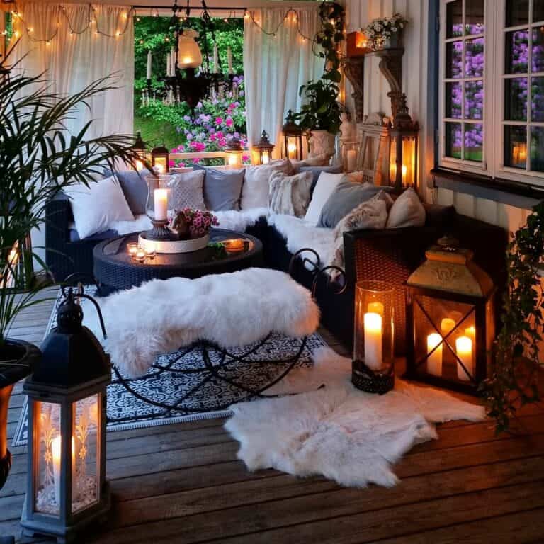Magical Porch With White Sheepskin Throws