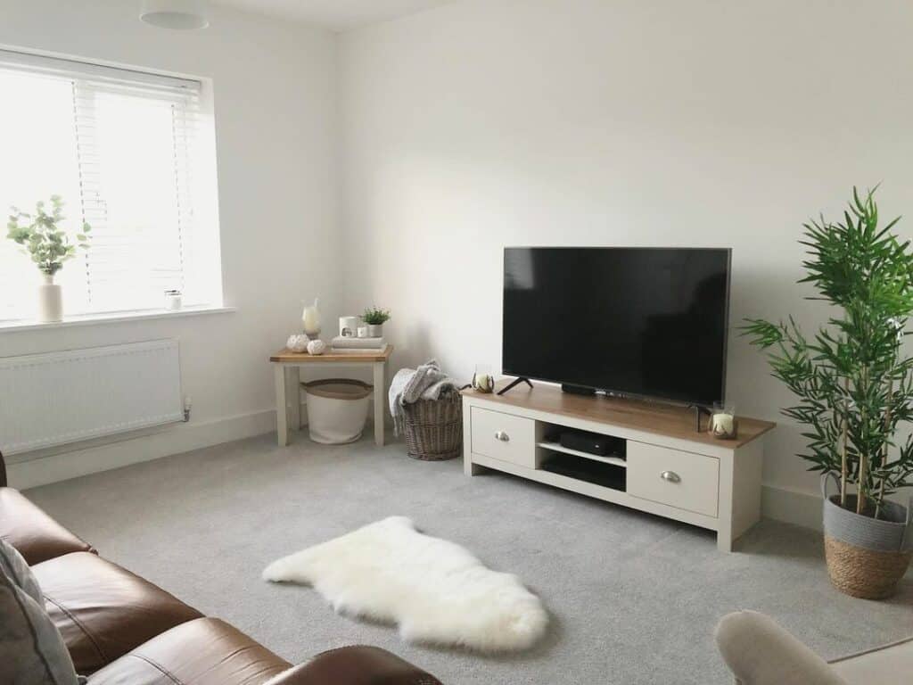 Minimal White Living Room With Brown Sofa