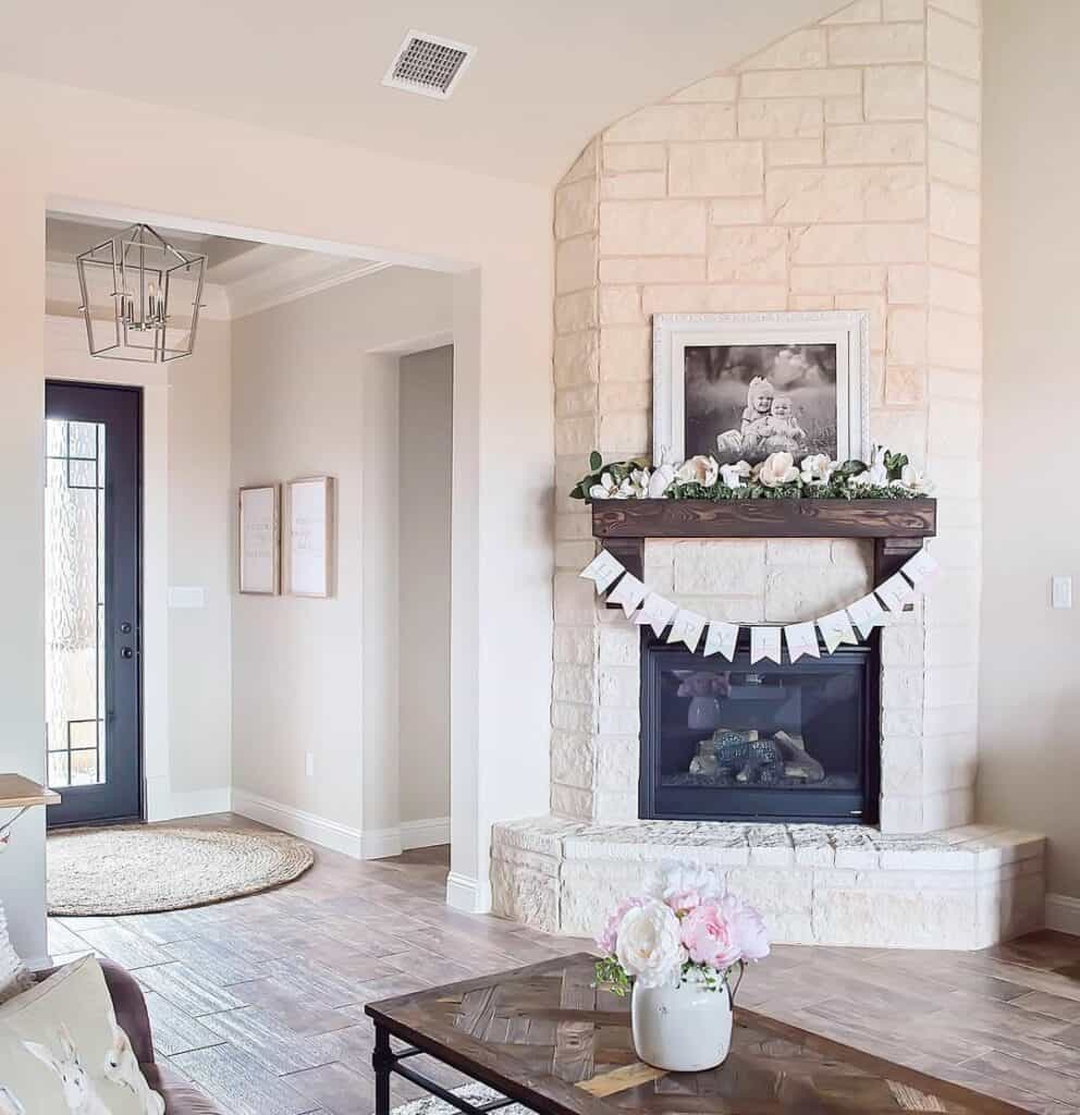 Minimalist Living Room With Stone Fireplace