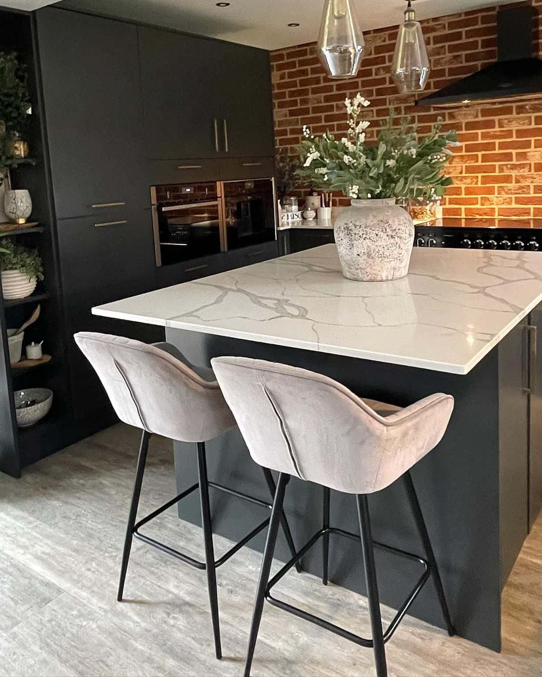 Modern Black Kitchen With Brick Wall - Soul & Lane