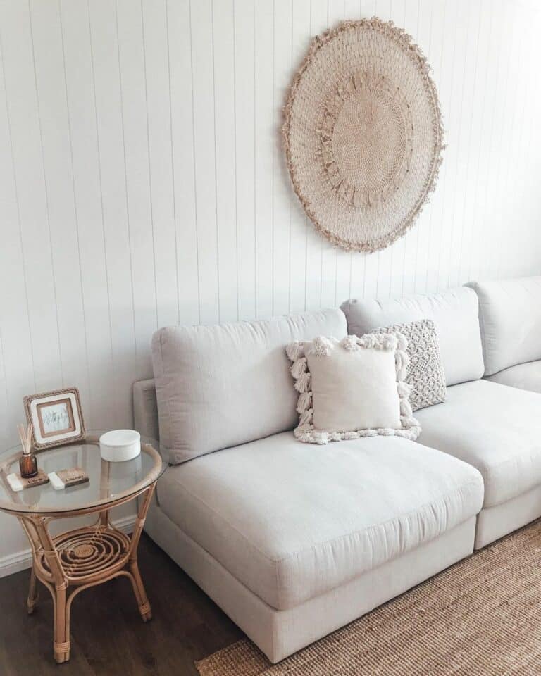 Modern Boho Living Room With White Shiplap Walls