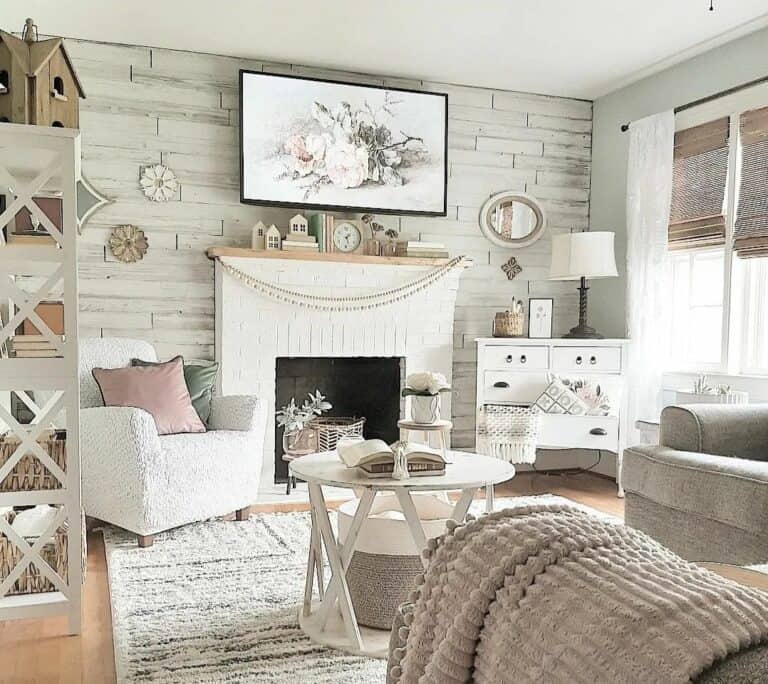 Modern Country Living Room With Gray Shiplap Wall