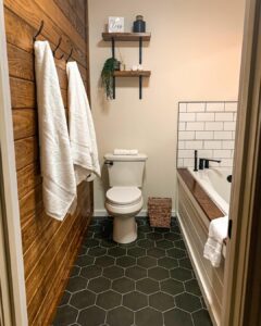 Modern Farmhouse Bathroom With Wood Shiplap Wall