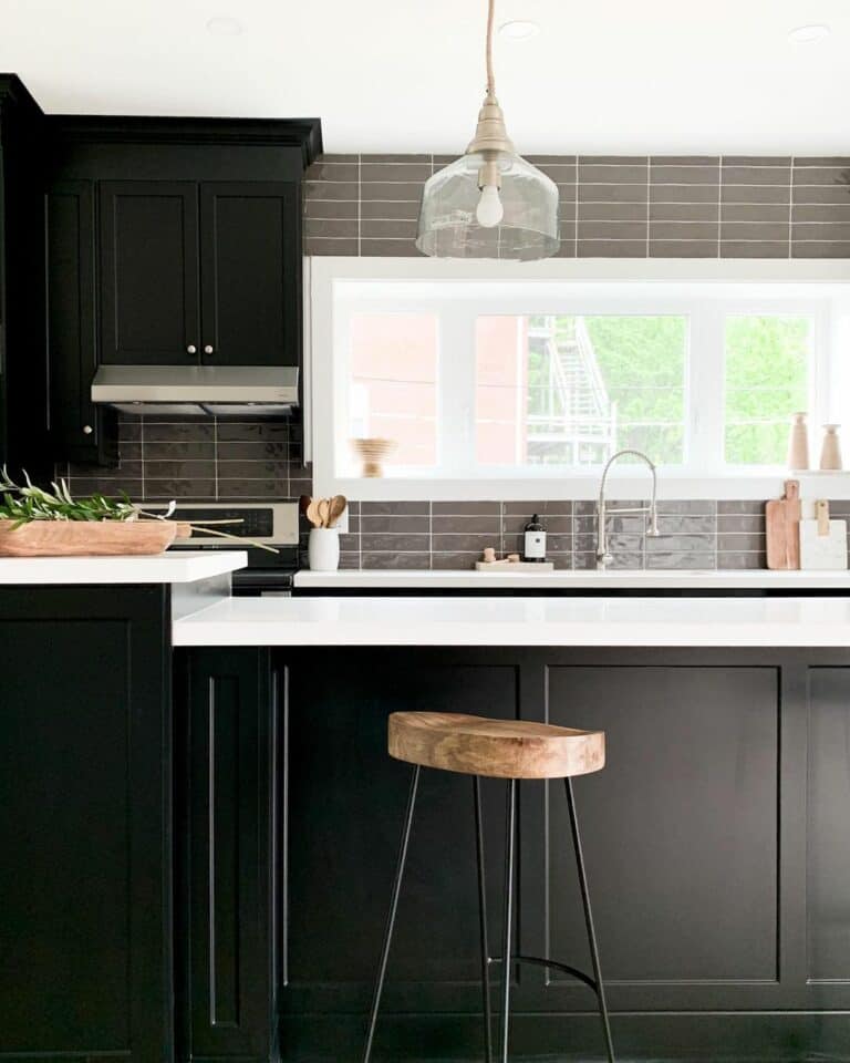 Modern Kitchen With Dark Gray Stacked Tiled Backsplash