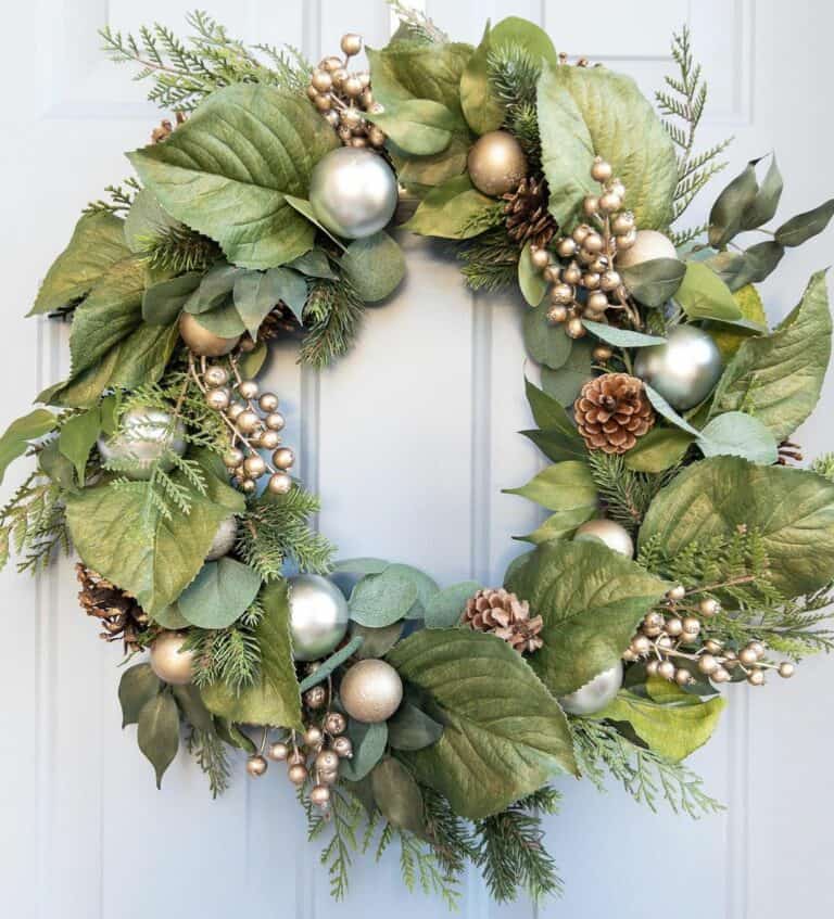 Modern White Porch With Metallic Christmas Wreath