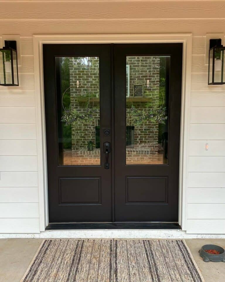 Monochrome Farmhouse Porch With Black Front Door