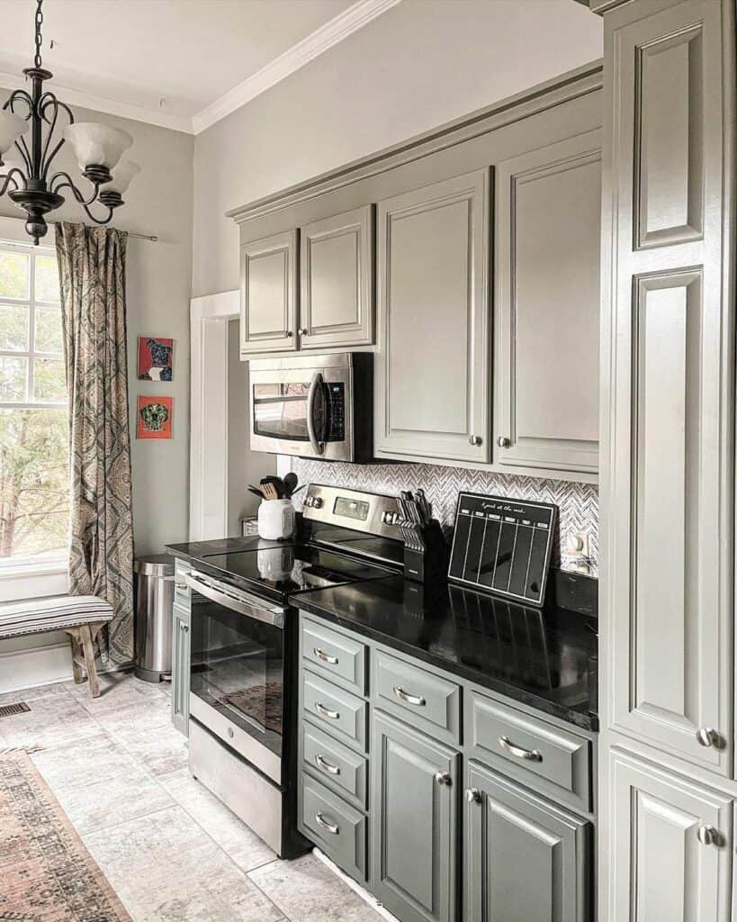 Monochrome Kitchen With Black Chandelier