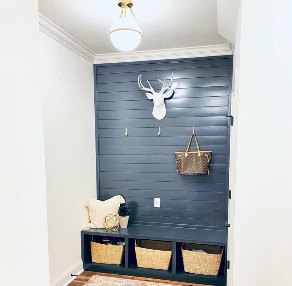 Mudroom With Blue Horizontal Shiplap Accent Wall