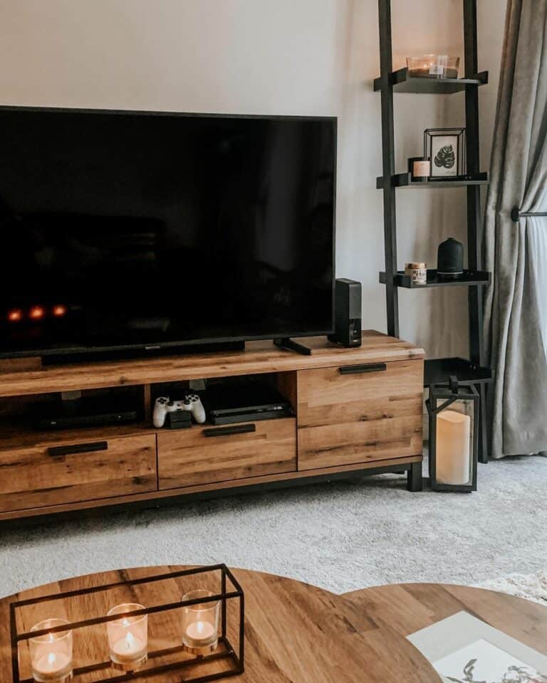 Natural Wood TV Console With Round Coffee Table