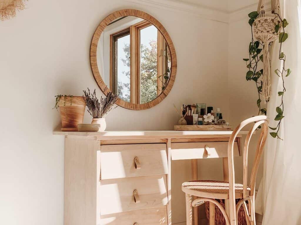 Natural Wood Table With Unique Drawers