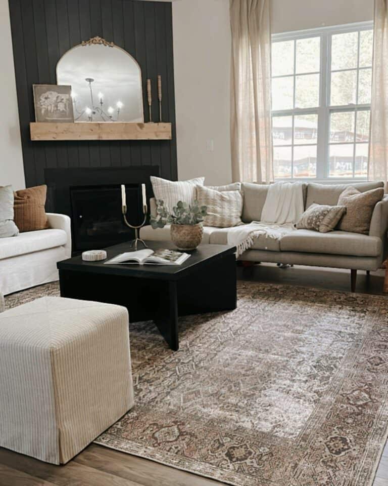 Netural Living Room With Black Fireplace