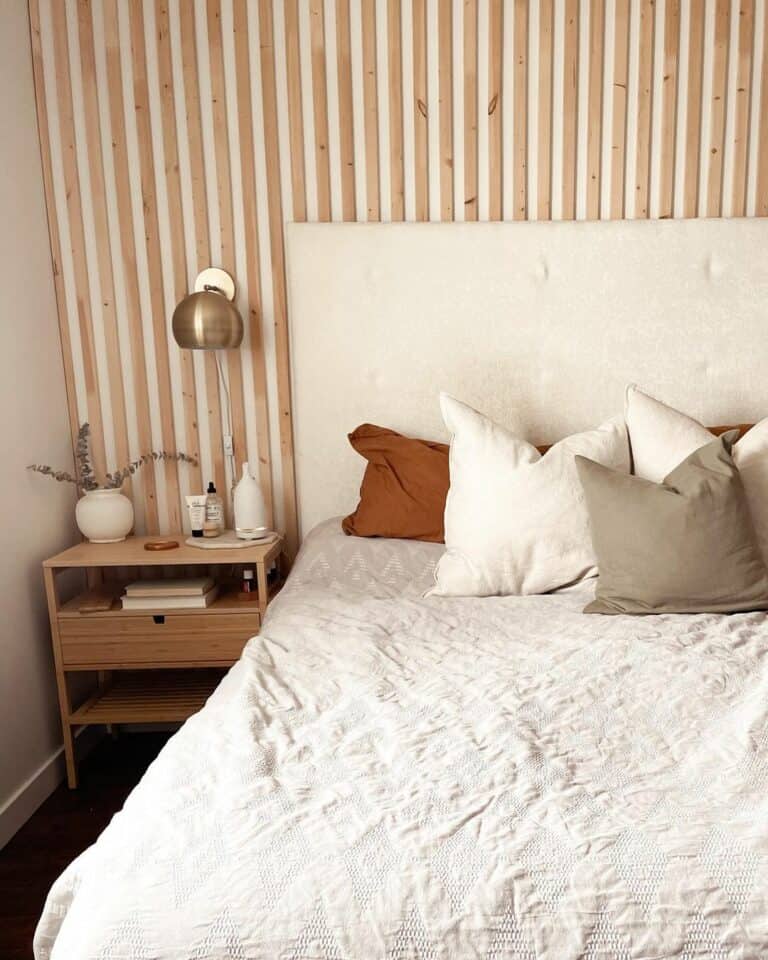 Neutral Bedroom With Wood Strip Wall