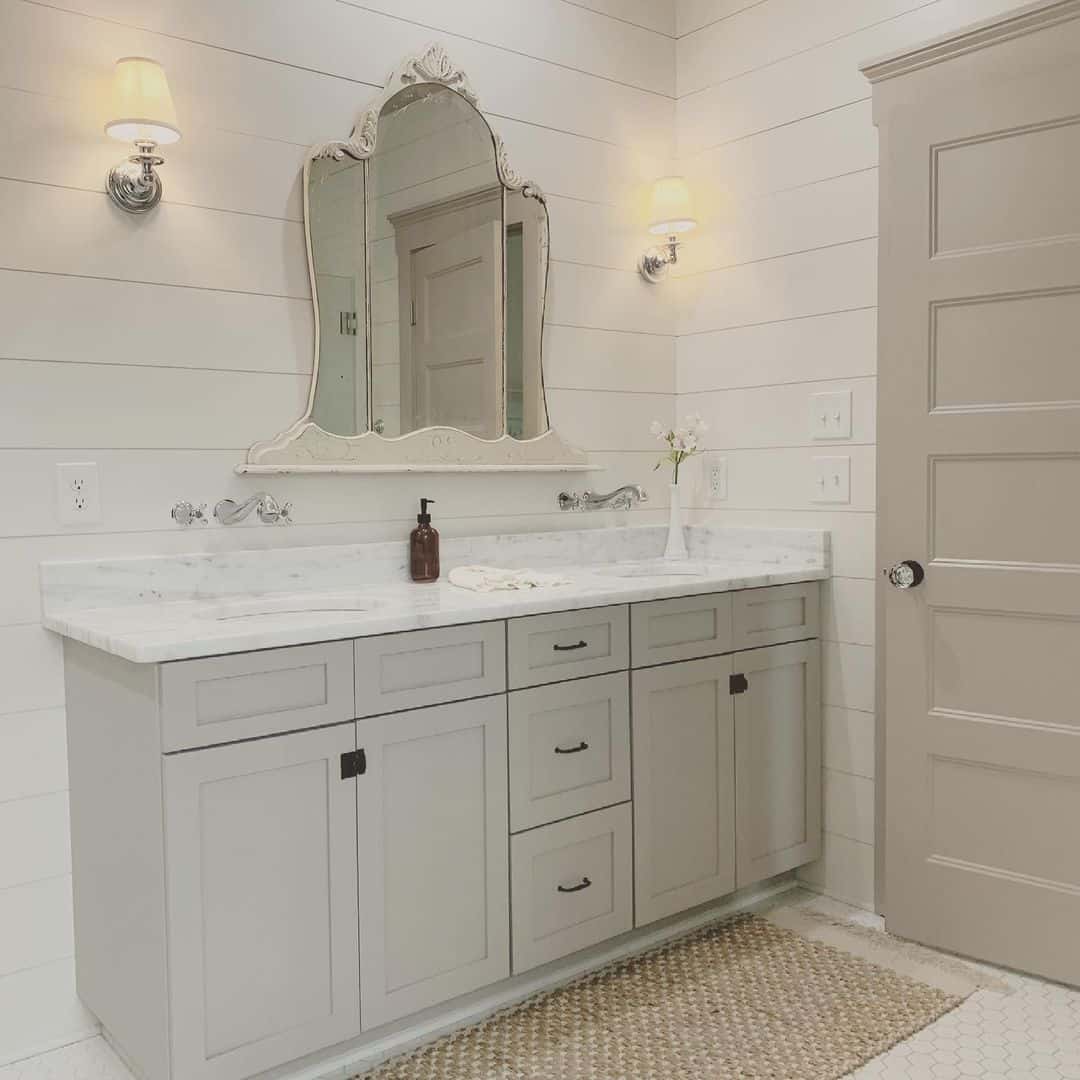Neutral Farmhouse Bathroom With Shaker Cabinets - Soul & Lane