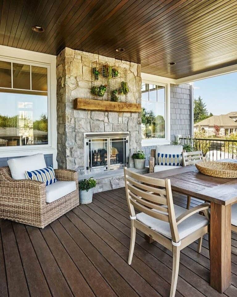 Outdoor Stone Fireplace With Greenery