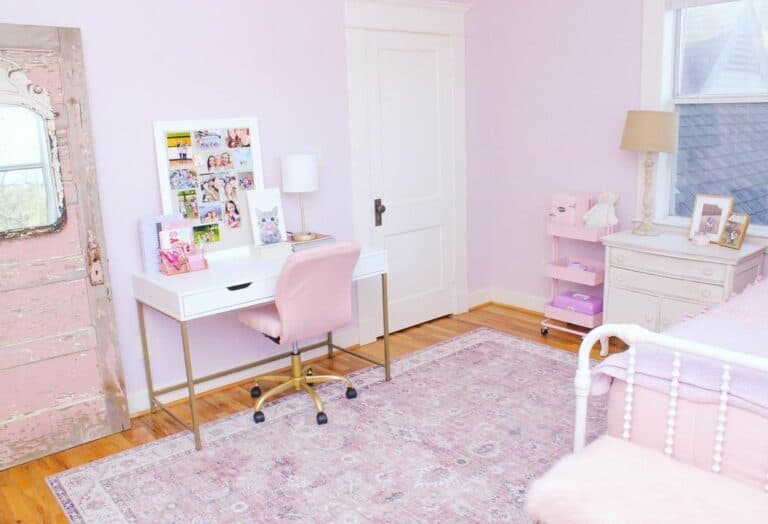 Pink Bedroom With White and Gold Desk