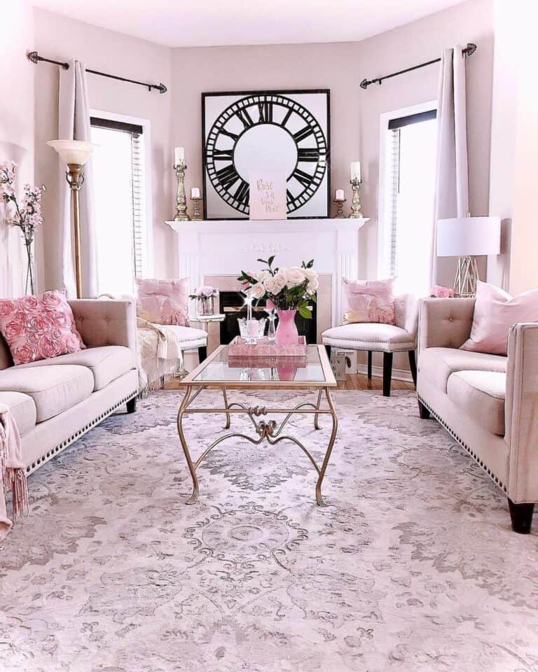 Pink Living Room With White Fireplace