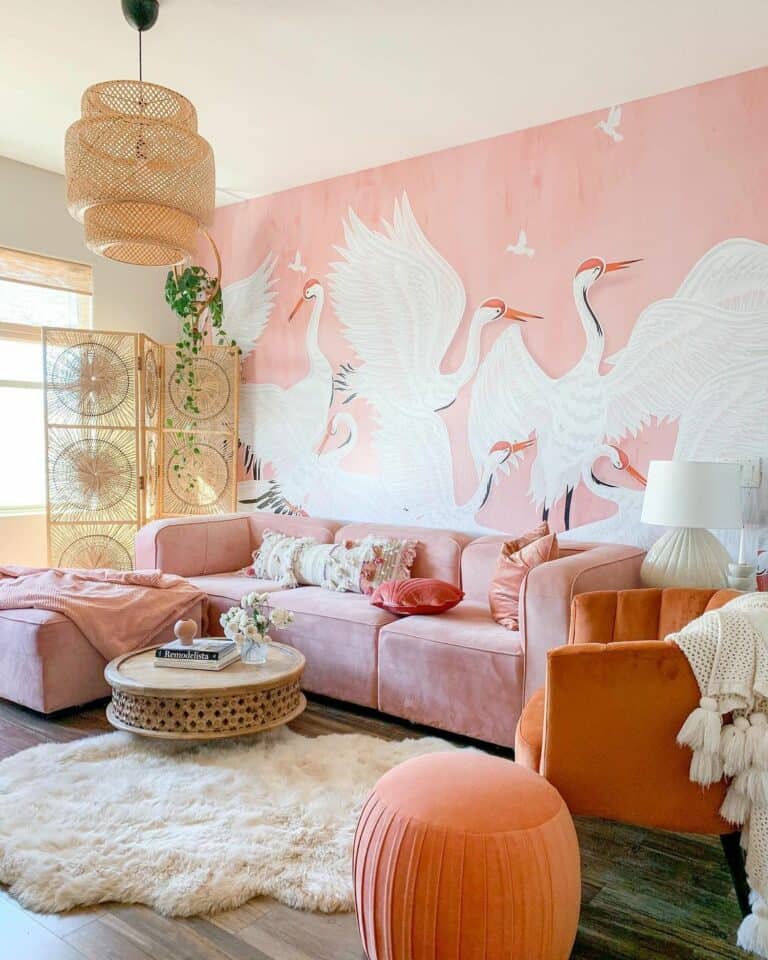 Pink and Orange Living Room With Crane Mural