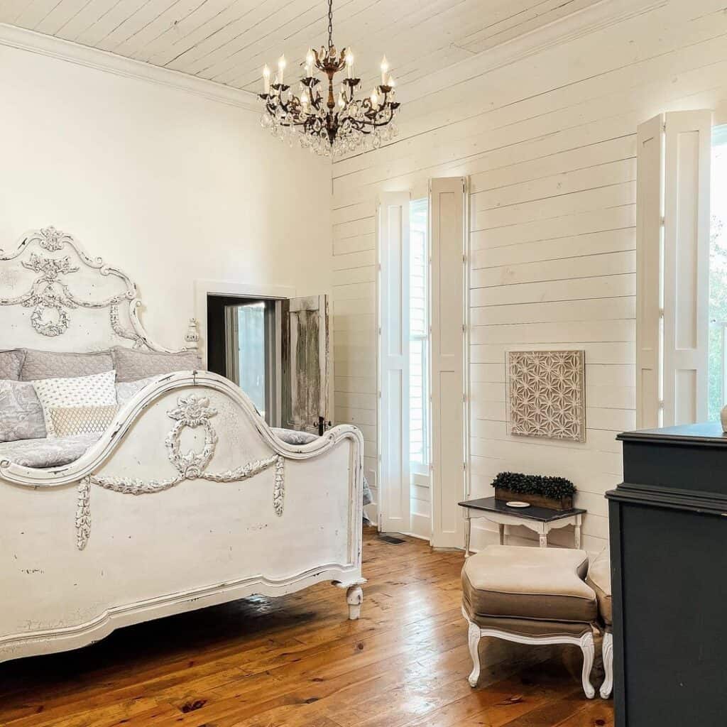 Rustic Bedroom With Antique White French Bed