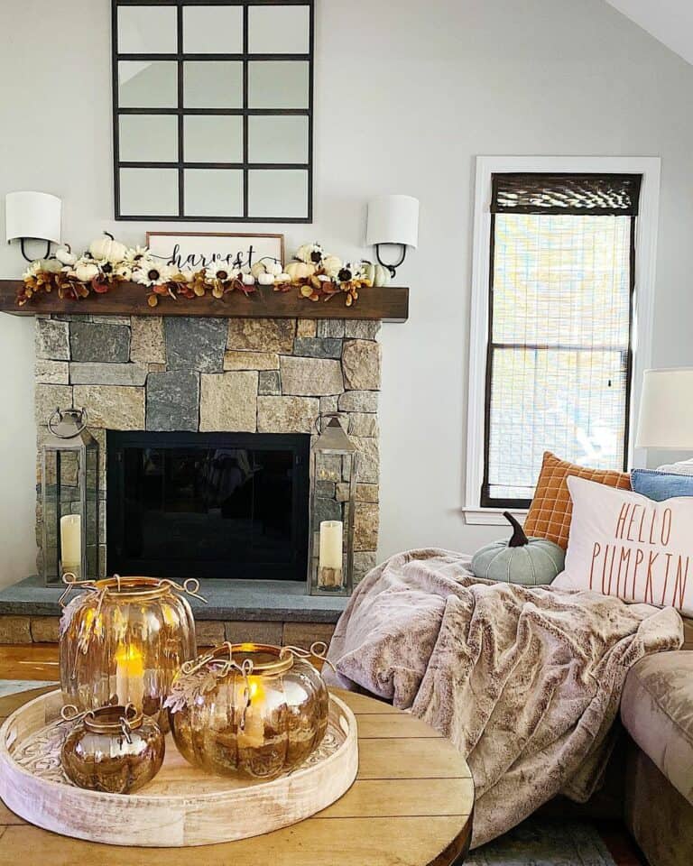 Rustic Mantel Over Stone Fireplace