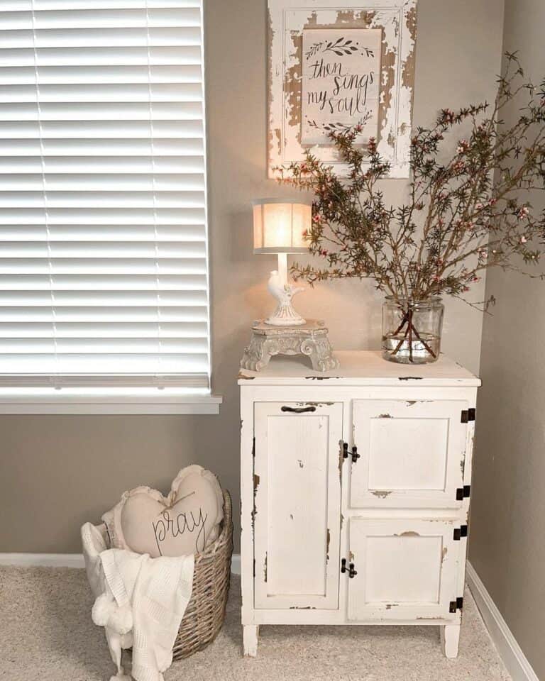 Rustic White Cabinet With Cottage Accessories