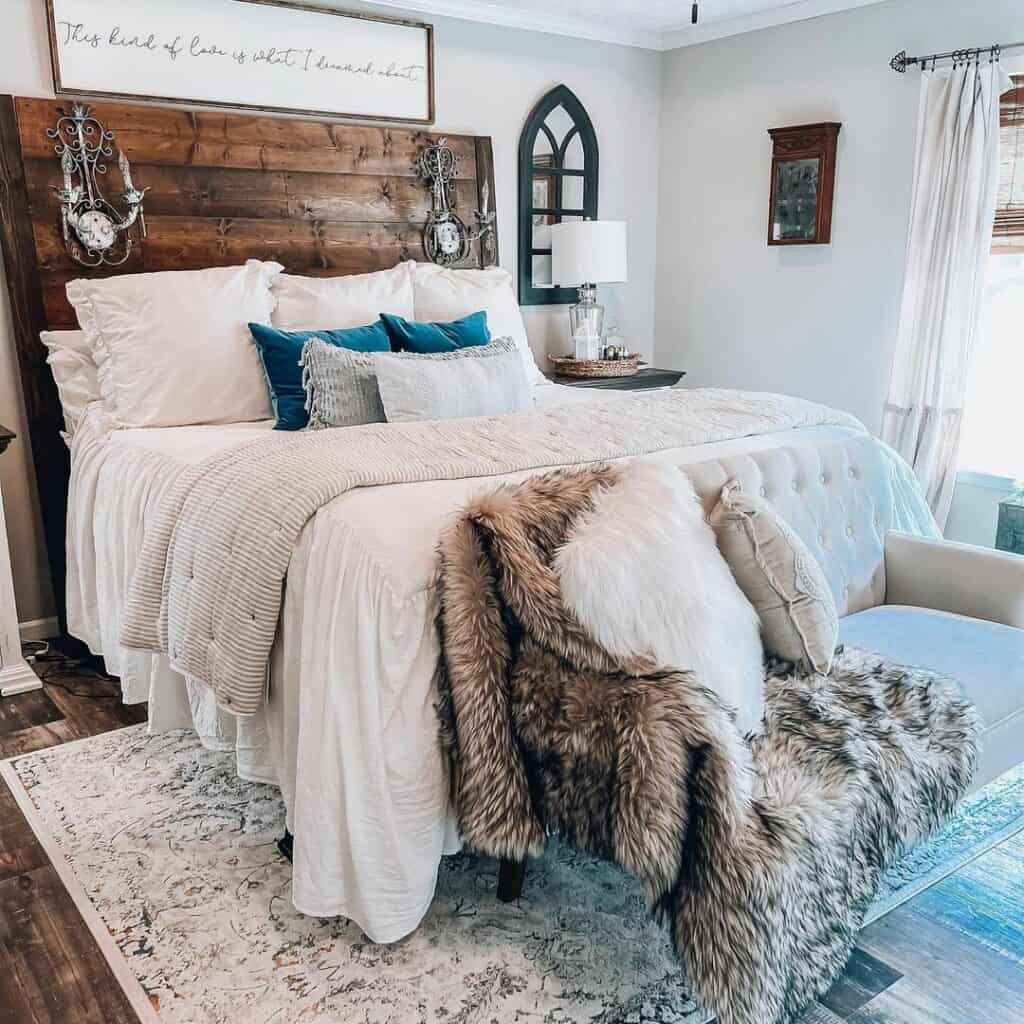 Rustic Wood Headboard With Double Light Sconces