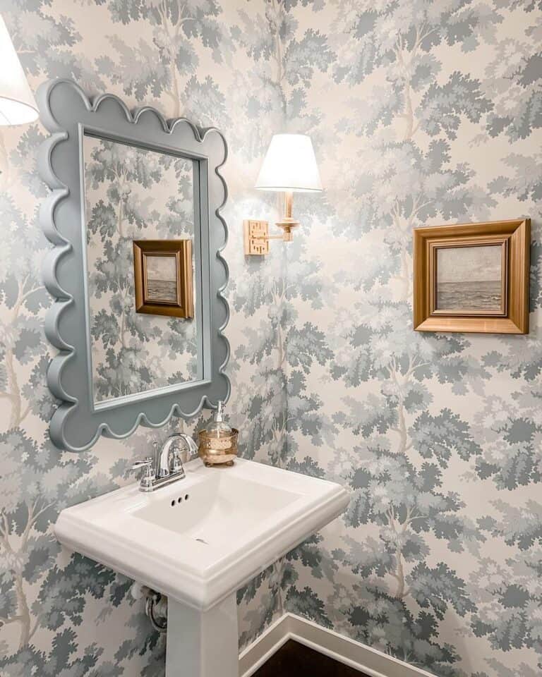 Scalloped Mirror on Traditional Wallpaper