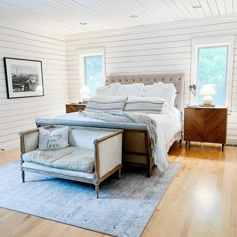 Shiplap Bedroom Features Vintage Wood Furniture