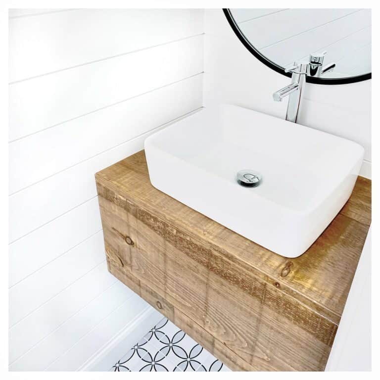 Shiplap Walls Display a Floating Wood Vanity