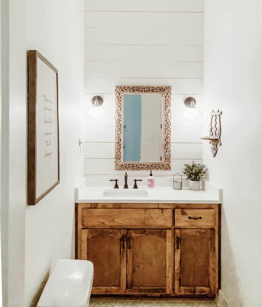 Small Bathroom With Wooden Vanity - Soul & Lane